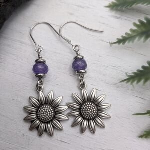 Beaded Sunflower Dangle Earrings with Purple Amethyst Beads